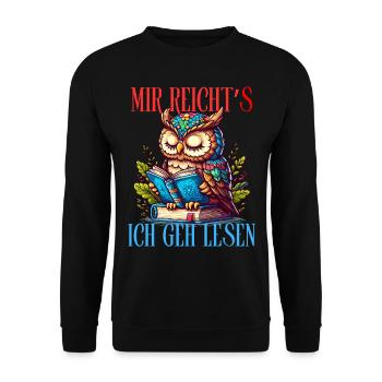 Eule Uhu Buchhändler Buch Lesen Literatur Auszeit - Unisex Pullover - Schwarz - Vorne - Alina (178cm) & Michal (187cm)