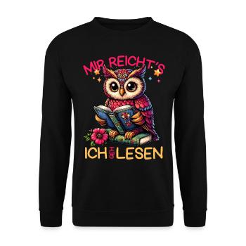 Buch Bücher Eule Uhu Eulen Literatur Lesen lustig - Unisex Pullover - Schwarz - Vorne - Alina (178cm) & Michal (187cm)