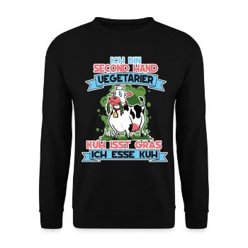 Ich Bin Second Hand Vegetarier Kuh Isst Gras - Unisex Pullover - Schwarz - Vorne - Alina (178cm) & Michal (187cm)