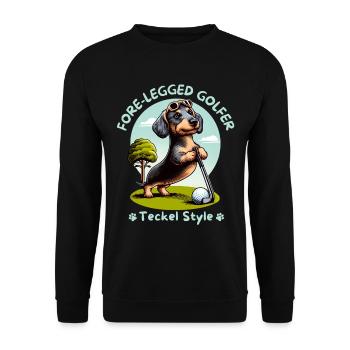 Dackelliebhaber Geschenkidee. Dackel Golfer - Unisex Pullover - Schwarz - Vorne - Alina (178cm) & Michal (187cm)