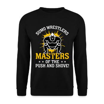Sumo-Ringer, Meister des Schiebens und Schiebens - Unisex Pullover - Schwarz - Vorne - Alina (178cm) & Michal (187cm)