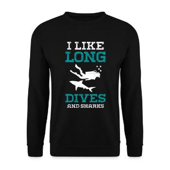 Ich mag lange Tauchgänge und Hai-Taucher - Unisex Pullover - Schwarz - Vorne - Alina (178cm) & Michal (187cm)