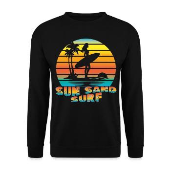 SUN SAND SURF. Sommer, Strand, Meer, Palmen, Cool, - Unisex Pullover - Schwarz - Vorne - Alina (178cm) & Michal (187cm)