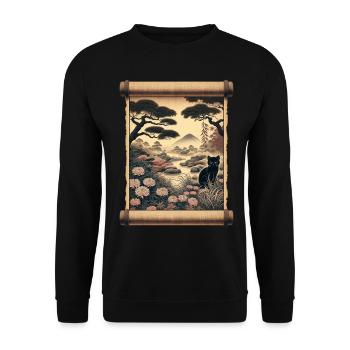 Mt. Fuji Blume Papyrus Schriftrolle Retro - Unisex Pullover - Schwarz - Vorne - Alina (178cm) & Michal (187cm)