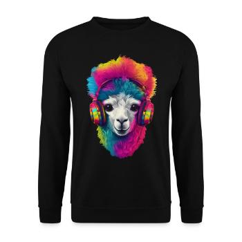 Alpaka Tier Kopfhörer Kunstmotiv Buntes Llama - Unisex Pullover - Schwarz - Vorne - Alina (178cm) & Michal (187cm)