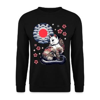 Floral Japanese Kitten Retro Cute Flower Sunset - Unisex Pullover - Schwarz - Vorne - Alina (178cm) & Michal (187cm)