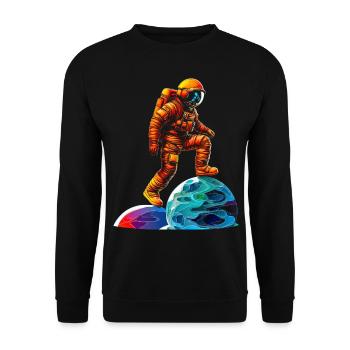 Astronaut Geometrisch Kunst Buntes Motiv Astronaut - Unisex Pullover - Schwarz - Vorne - Alina (178cm) & Michal (187cm)