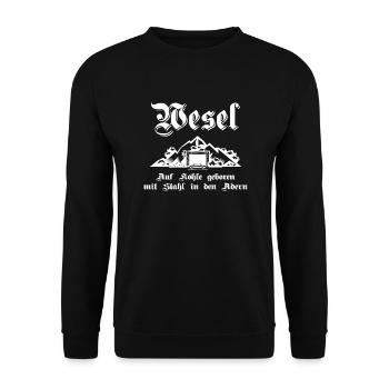 Wesel Auf Kohle geboren mit Stahl in den Adern - Unisex Pullover - Schwarz - Vorne - Alina (178cm) & Michal (187cm)