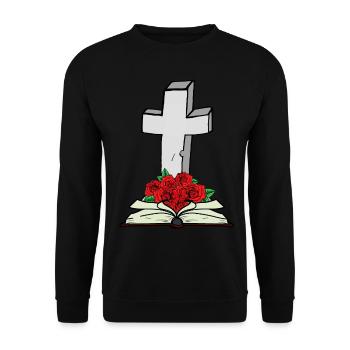 Kreuz Bibel Buch Jesus Gott Auferstehung Tod - Unisex Pullover - Schwarz - Vorne - Alina (178cm) & Michal (187cm)