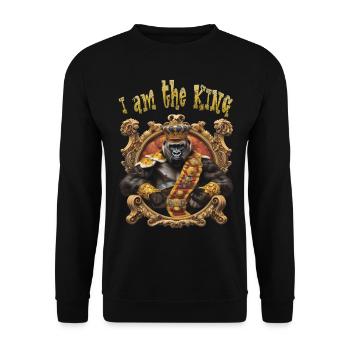 I am the KING. Gorilla, König, Emblem, Wappen, - Unisex Pullover - Schwarz - Vorne - Alina (178cm) & Michal (187cm)