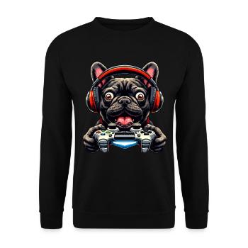 Gamer Shirts Design, Französische Bulldogge Gamer - Unisex Pullover - Schwarz - Vorne - Alina (178cm) & Michal (187cm)