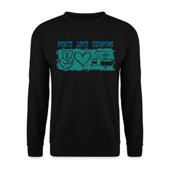 PEACE LOVE CAMPING. Outdoor, Urlaub, Freizeit, - Unisex Pullover - Schwarz - Vorne - Alina (178cm) & Michal (187cm)