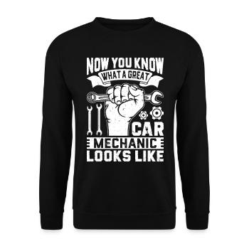 Now you know what a great car mechanic looks like - Unisex Pullover - Schwarz - Vorne - Alina (178cm) & Michal (187cm)