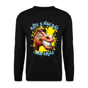 Fröhliches Cartoon-Pferd mit großem Lächeln. - Unisex Pullover - Schwarz - Vorne - Alina (178cm) & Michal (187cm)