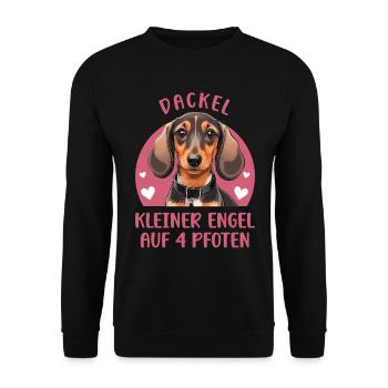 Dackel - Kleiner Engel auf 4 Pfoten - Unisex Pullover - Schwarz - Vorne - Alina (178cm) & Michal (187cm)