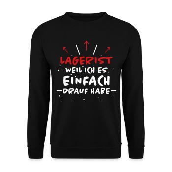 Lagerist Spruch Logistik Lustige Lagerist Geschenk - Unisex Pullover - Schwarz - Vorne - Alina (178cm) & Michal (187cm)