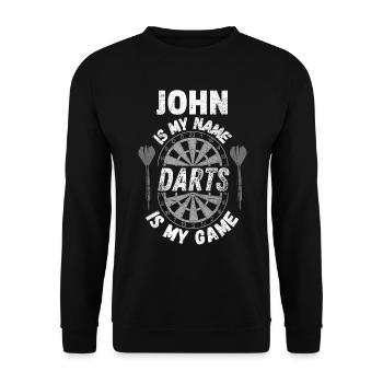 Robuster personalisierter Dartspieler-Designname John - Unisex Pullover - Schwarz - Vorne - Alina (178cm) & Michal (187cm)