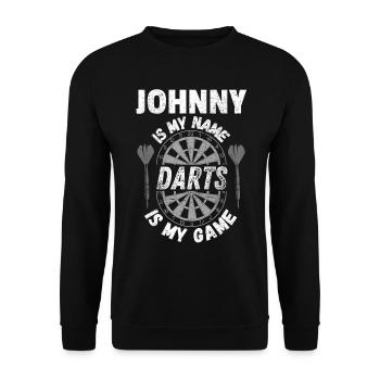 Personalisiertes Dartshirt mit Namen Johnny, Dart-Fan - Unisex Pullover - Schwarz - Vorne - Alina (178cm) & Michal (187cm)