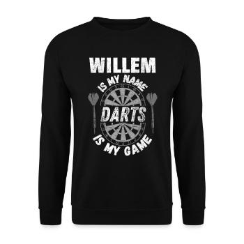 Dart-Fan, Dartspieler Willem personalisiert - Unisex Pullover - Schwarz - Vorne - Alina (178cm) & Michal (187cm)