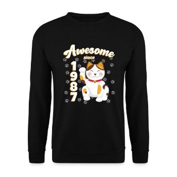 1987 Geburtstag Awesome since Katze Maneki neko - Unisex Pullover - Schwarz - Vorne - Alina (178cm) & Michal (187cm)