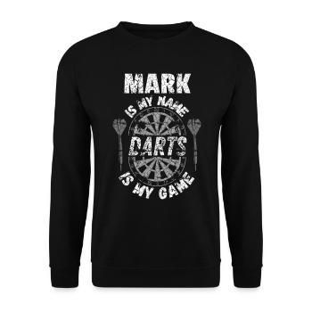 Darts Design mit Namen Mark, Darts Fan - Unisex Pullover - Schwarz - Vorne - Alina (178cm) & Michal (187cm)