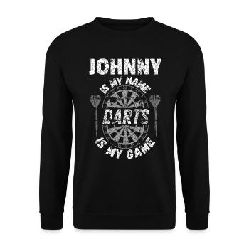 Personalisiertes Dartspieler-Design Johnny - Unisex Pullover - Schwarz - Vorne - Alina (178cm) & Michal (187cm)