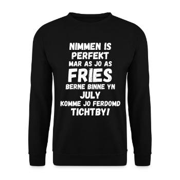 Birthday design in Frisian language for July birthday - Unisex Sweatshirt - black - Front - Alina (178cm) & Michal (187cm)