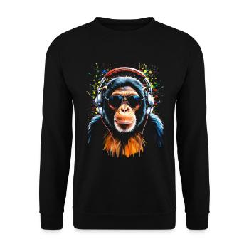 Tiermotiv- T-Shirt- Design- Affe mit Kopfhörern - Unisex Pullover - Schwarz - Vorne - Alina (178cm) & Michal (187cm)