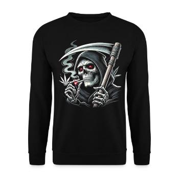 Schwarzer Humor rauchender Sensenmann zu Halloween - Unisex Pullover - Schwarz - Vorne - Alina (178cm) & Michal (187cm)