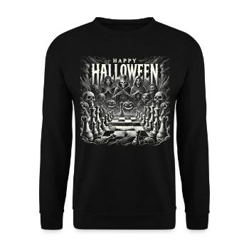 Gespenstisches Schachspiel Halloween Shirt - Unisex Pullover - Schwarz - Vorne - Alina (178cm) & Michal (187cm)