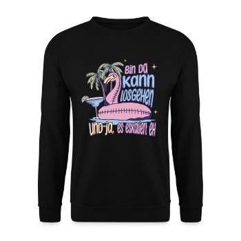 'Bin da kann losgehen' Flamingo Design Party - Unisex Pullover - Schwarz - Vorne - Alina (178cm) & Michal (187cm)