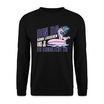'Bin da kann losgehen' Flamingo Design Mädelsabend - Unisex Pullover - Schwarz - Vorne - Alina (178cm) & Michal (187cm)