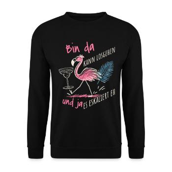 'Bin da kann losgehen' Flamingo Design Mädelsabend - Unisex Pullover - Schwarz - Vorne - Alina (178cm) & Michal (187cm)