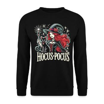 Mystische Hexe und Katze mit Hocus Pocus - Unisex Pullover - Schwarz - Vorne - Alina (178cm) & Michal (187cm)