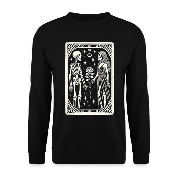 T-shirt de tarot d’Halloween : Couple de squelettes avec rose - Sweat-shirt Unisexe - noir - Devant - Alina (178cm) & Michal (187cm)