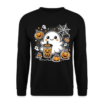 T-shirt d’Halloween : Fantôme avec thé à bulles à la citrouille - Sweat-shirt Unisexe - noir - Devant - Alina (178cm) & Michal (187cm)