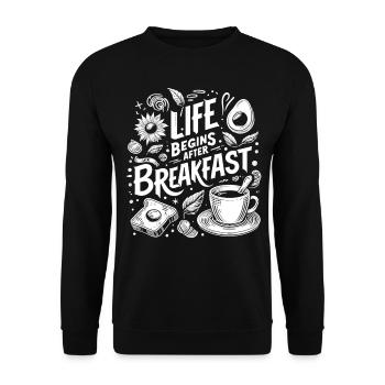 Startklar: Life Begins After Breakfast - Unisex Pullover - Schwarz - Vorne - Alina (178cm) & Michal (187cm)