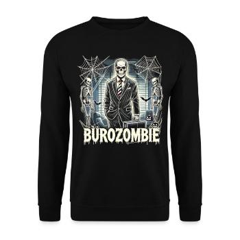 Bürozombie Halloween T-Shirt – Skelett im Anzug - Unisex Pullover - Schwarz - Vorne - Alina (178cm) & Michal (187cm)