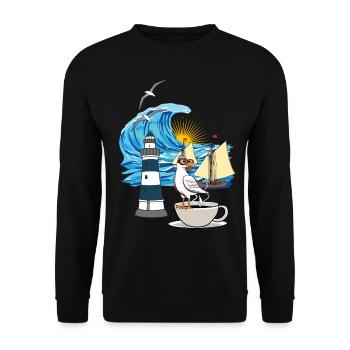 maritim Nordsee Ostsee Möwe Kaffeetasse Ahoi - Unisex Pullover - Schwarz - Vorne - Alina (178cm) & Michal (187cm)