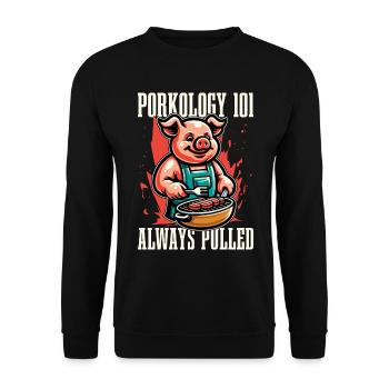 Pulled Pork BBQ Porkology 101 Always Meat Lover - Unisex Pullover - Schwarz - Vorne - Alina (178cm) & Michal (187cm)