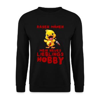 Rasen mähen Lieblingshobby - Ente mit Messer - Unisex Pullover - Schwarz - Vorne - Alina (178cm) & Michal (187cm)