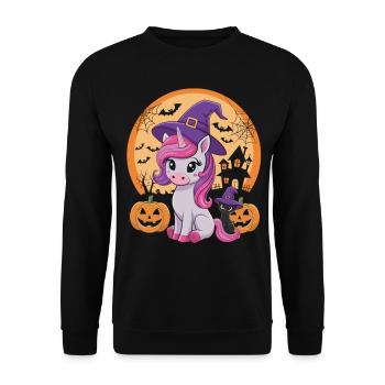 Zauberhaftes Halloween-Einhorn - Unisex Pullover - Schwarz - Vorne - Alina (178cm) & Michal (187cm)