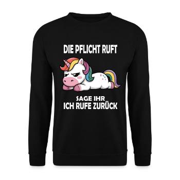 Die Pflicht ruft, lustiger Einhorn Spruch - Unisex Pullover - Schwarz - Vorne - Alina (178cm) & Michal (187cm)
