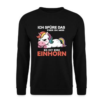 Ich spüredas Tier in mir, lustiger Einhorn Spruch - Unisex Pullover - Schwarz - Vorne - Alina (178cm) & Michal (187cm)