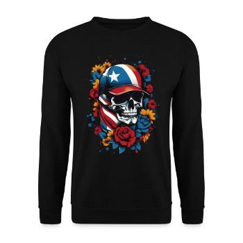 Patriotischer Totenkopf mit Blumendesign - Unisex Pullover - Schwarz - Vorne - Alina (178cm) & Michal (187cm)