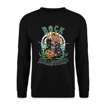 Rock das Halloween, Gitarre und Kürbis - Unisex Pullover - Schwarz - Vorne - Alina (178cm) & Michal (187cm)