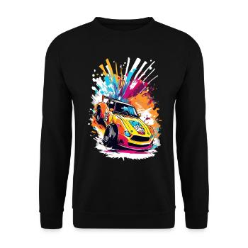 Retro Drift Car - Lebendige Racing Splash Kunst - Unisex Pullover - Schwarz - Vorne - Alina (178cm) & Michal (187cm)