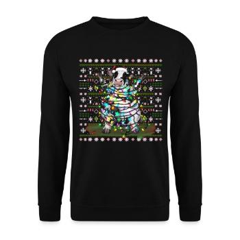Kuh Ugly Christmas Weihnachten Xmas Santa Claus - Unisex Pullover - Schwarz - Vorne - Alina (178cm) & Michal (187cm)