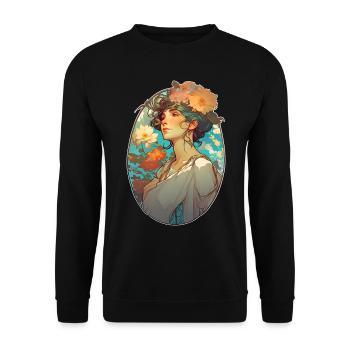 Blumige Frau Art Nouveau Porträt - Unisex Pullover - Schwarz - Vorne - Alina (178cm) & Michal (187cm)