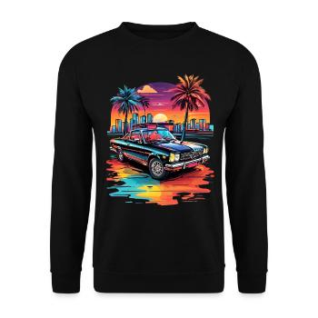 Retro Car Cruiser bei Sonnenuntergang - Unisex Pullover - Schwarz - Vorne - Alina (178cm) & Michal (187cm)